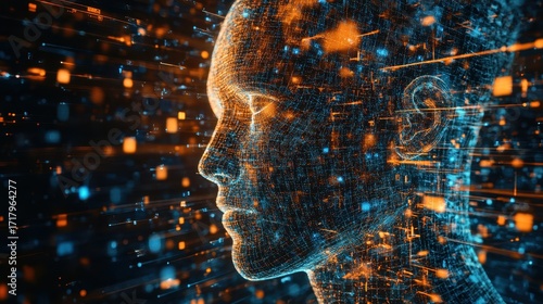A futuristic 3D illustration showcasing the fusion of AI-driven innovation in healthcare data, with cyber big data flows and blockchain data fields intertwining dynamically.