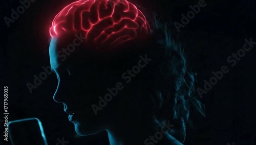 Woman with glowing red brain looking at smartphone