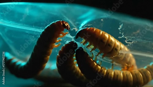 Close up of insect larvae moving in a clear plastic container