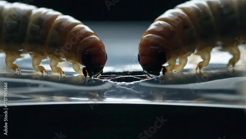 Macro shot of two wax worms chewing on a clear plastic surface