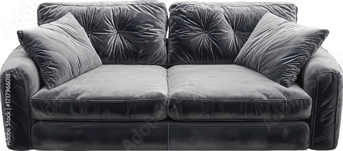 Plush Gray Velvet Sofa with Tufted Back Cushions and Throw Pillows couch furniture