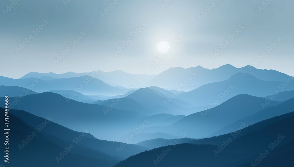 Obraz premium Majestic Blue Mist Over Mysterious Mountains In The Distance Under The Sun, Creating A Tranquil And Enchanting Atmosphere In The Landscape.