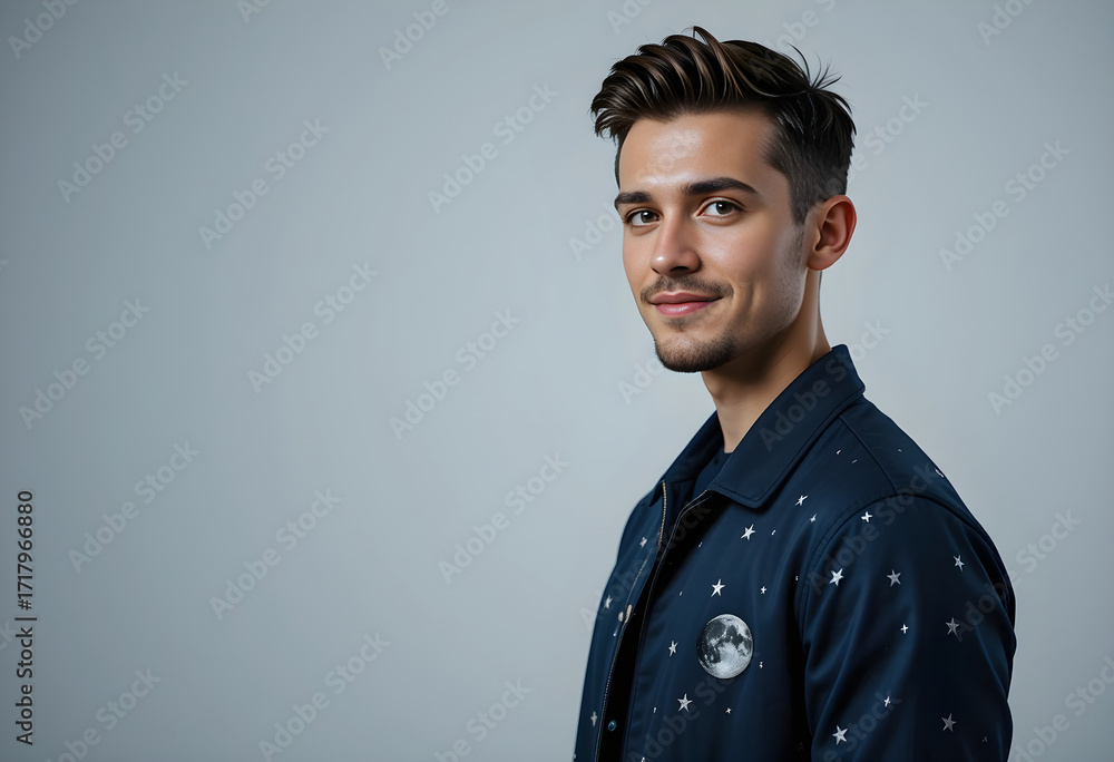 Obraz premium Male Portrait in Dark Blue Patterned Jacket with Emblem Stylized Editorial Solo on Light Gray Background for Fashion or Branding Use