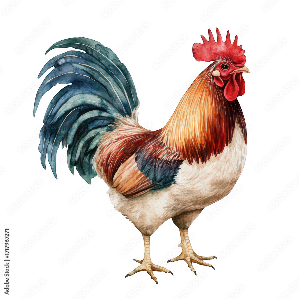 Fototapeta premium A and detailed illustration of a proud rooster standing confidently. its colorful feathers. with a plain white background that highlights its natural beauty. ideal for educational or decorative use