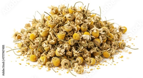 Pile of dried chamomile flowers offering a calming aroma therapy session