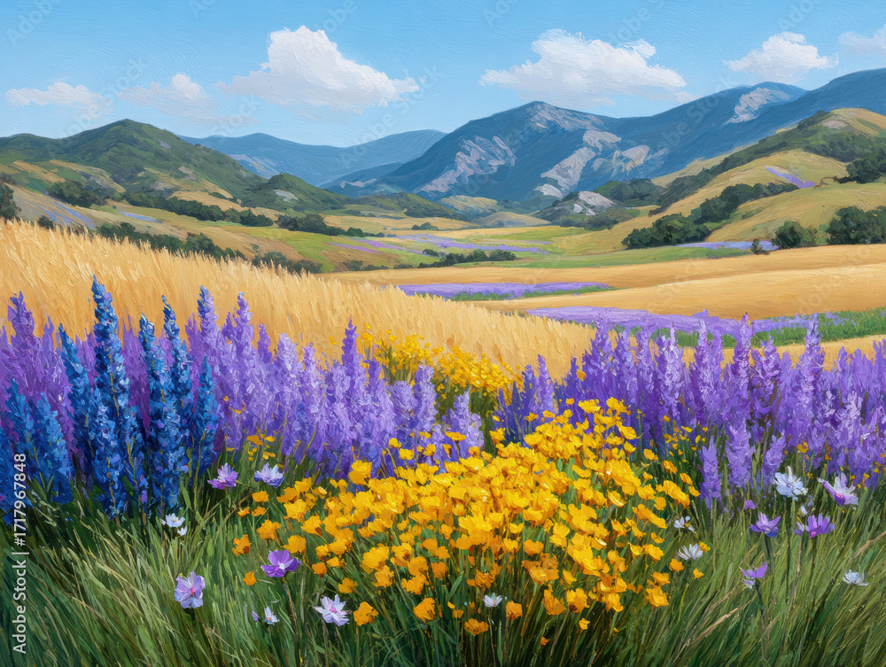 Obraz premium Peaceful and colorful flower field landscape with rural mountains. Vibrant purple and yellow wildflower bloom in summer meadow under beautiful blue sky, serene scene