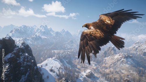 A golden eagle glides effortlessly through a breathtaking snowy mountain range, its rich golden feathers contrasting vividly with the pristine white snow and rugged peaks.