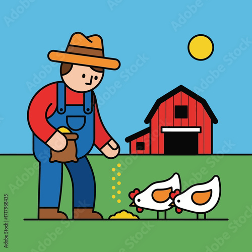 Farmer feeding chickens on a farm with a barn and sun