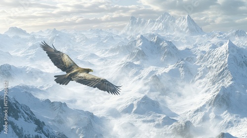 A golden eagle glides effortlessly through a breathtaking snowy mountain range, its rich golden feathers contrasting vividly with the pristine white snow and rugged peaks.