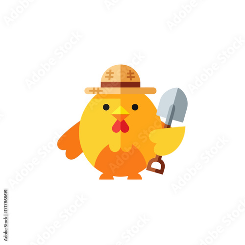 Cartoon Chicken Gardener with Shovel