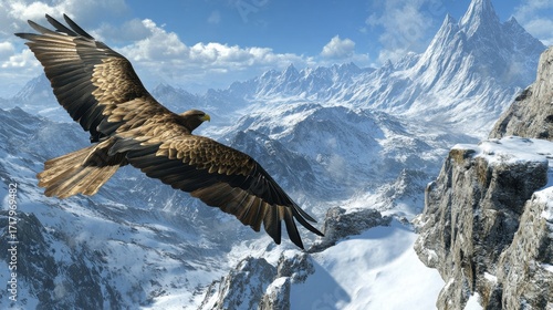 A golden eagle glides effortlessly through a breathtaking snowy mountain range, its rich golden feathers contrasting vividly with the pristine white snow and rugged peaks.