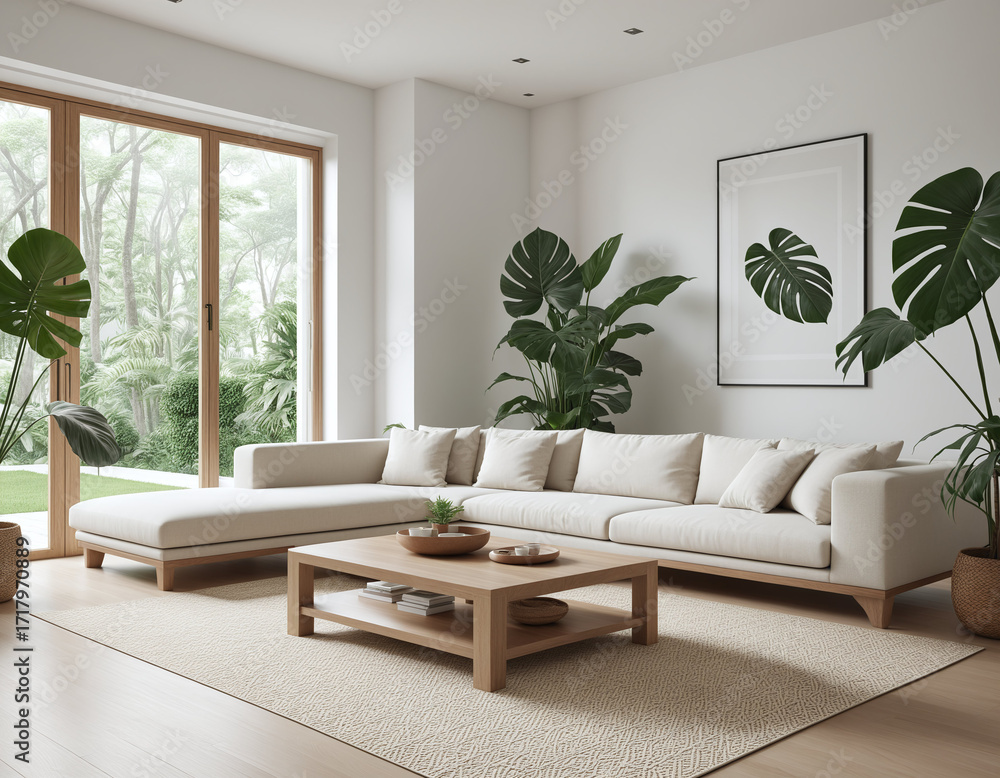 Fototapeta premium Bright living room with white sofa, large windows, indoor plants, minimalist, scandinavian