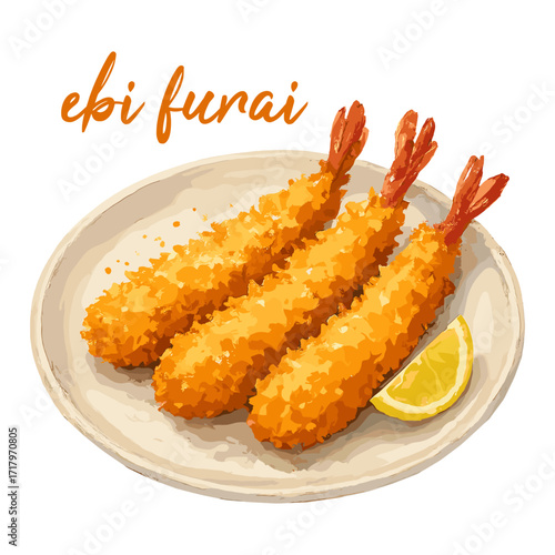 ebi furai in watercolor illustration style, isolated vector on white background
