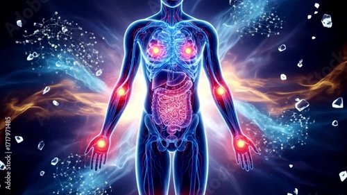 Artistic surreal glowing body with joint inflammation spots.