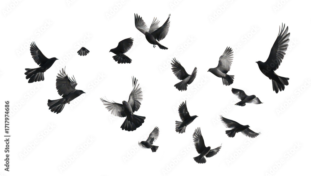 Fototapeta premium A dynamic composition of various birds in flight against a stark white background. their graceful movements and diverse wing shapes. ideal for nature-themed projects