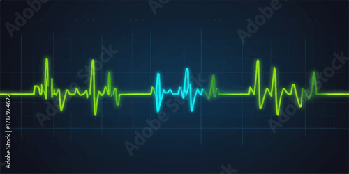 A vibrant green heartbeat line illustrates a steady pulse on a medical monitor