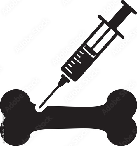 Illustration of a syringe injecting medication into a bone, this image represents medical treatment for bone diseases, osteoporosis, or bone fractures, and bone health on