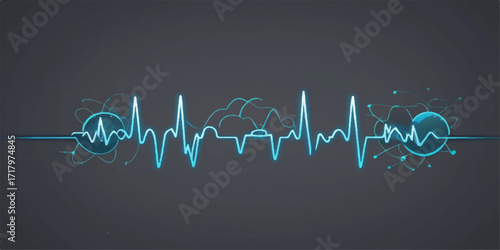 Musical notes float across a blue background, forming a green EKG wave that transforms into a heart