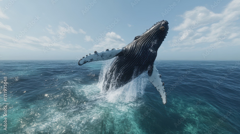 Naklejka premium A highly realistic depiction of a humpback whale breaching in the ocean, capturing the awe-inspiring moment as the massive whale breaks through the water's surface.