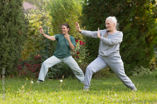 group of people practice Tai Chi Chuan in a park.  Chinese management skill Qi's energy. elderly woman Tai Chi Chuan instructor