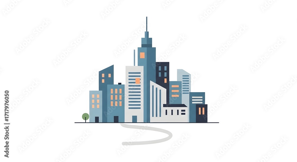 Fototapeta premium Illustration of a modern city skyline with various buildings, a road, and a small tree.