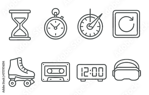 Vintage icons: hourglass, stopwatch, clock, refresh, roller skate, cassette, digital clock, vr headset
