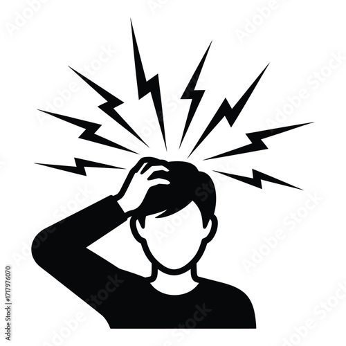 Person experiencing headache stress mental anguish with lightning bolt symbols expressing pain silhouette