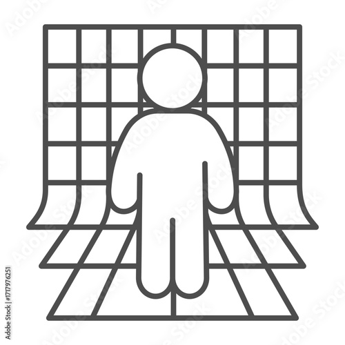 User of augmented reality thin line icon, metaverse concept. Vector graphics. Human with net wall, network sign on white background, outline style icon for mobile or web design.