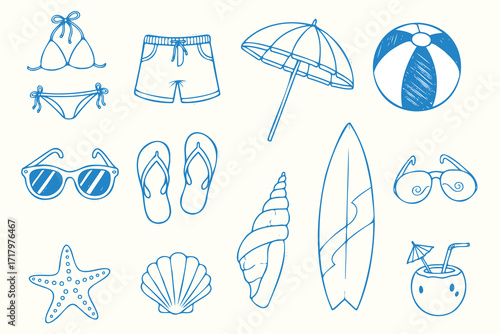 A vibrant seamless vector pattern of sea shells, starfish, and other beach icons perfect for a fun summer vacation design, beach, summer, vacation, swimsuit, sunglasses, umbrella, flip flops, seashell