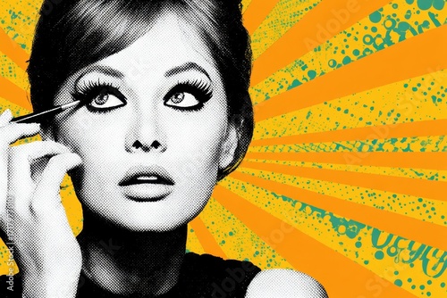 Pop-Art Inspired 60s Beauty Ad with Woman Applying Makeup and Starburst Design
