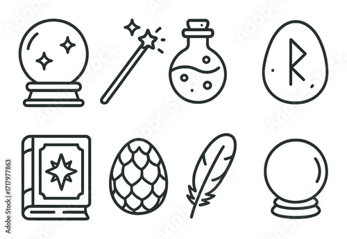 Magical icons set featuring crystal balls, potion, wand, rune, magic book, egg, quill