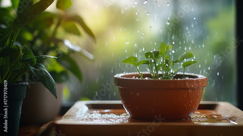 Wallpaper Mural Potted plant being watered in natural light with droplets falling   Torontodigital.ca