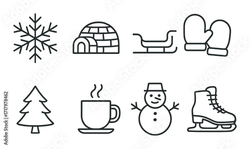 Winter symbols: snowflake, igloo, sled, mittens, tree, hot drink, snowman, ice skate