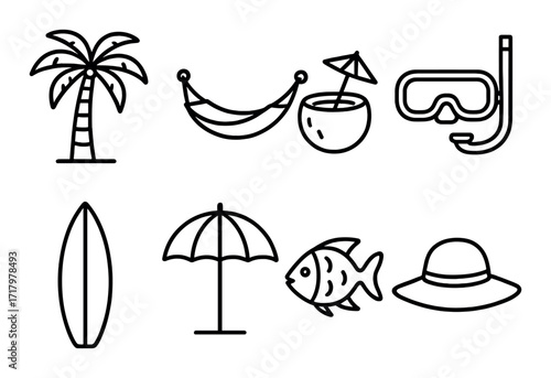 Tropical vacation icons: palm, hammock, coconut drink, snorkel, surfboard, umbrella, fish, sun hat