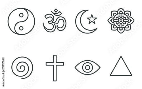 Monochrome religious and spiritual symbol icons on gradient background