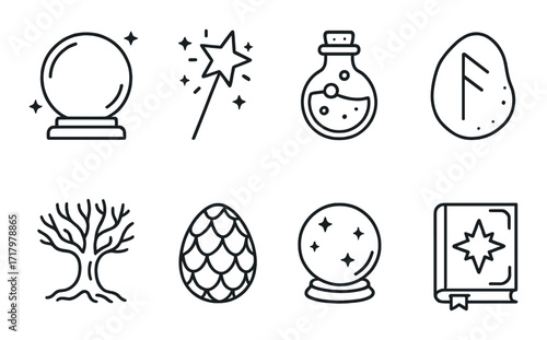 Magic icons set: crystal ball, wand, potion, rune, tree, dragon egg, spellbook