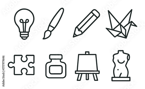 Creative icons: lightbulb, paintbrush, pencil, origami, puzzle, ink, easel, sculpture