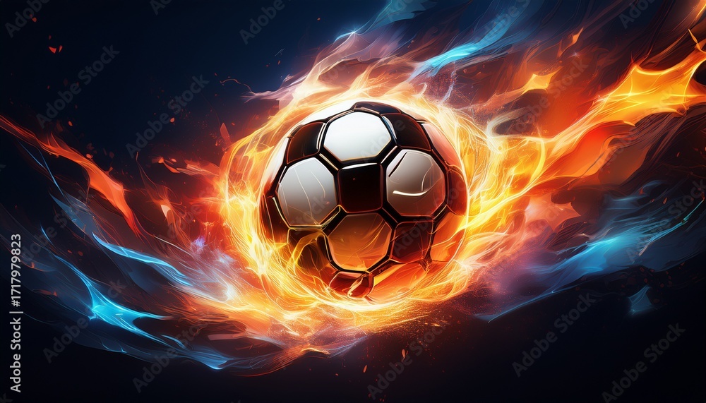 Fototapeta premium soccer ball engulfed in fire and lightning energy