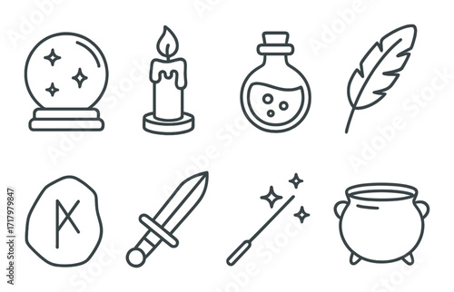 Mystical objects: crystal ball, candle, potion, quill, rune, sword, wand, cauldron
