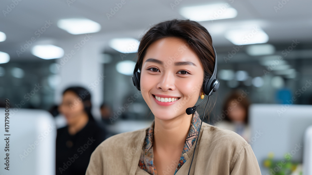 Fototapeta premium Portrait of young Chinese woman in headphones with microphone, smiling during customer support call, bright open office background with coworkers. Chinese woman headset portrait, c