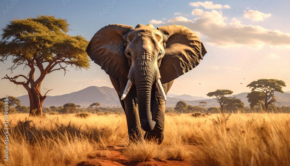 Fototapeta premium Pixelated Elephant Standing in Golden Grassland Scenery Under Warm Sunlight With Sparse Trees and Distant Hills African Wildlife