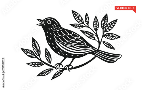 Chirping bird perched on a branch with leaves black and white artistic rendering