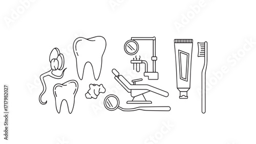 Vector art of dental icons teeth, dental chair, mirror, toothpaste, toothbrush