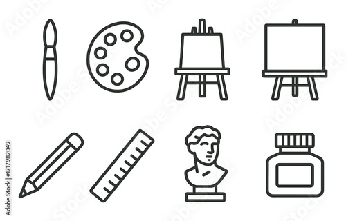 Artistic tools: brush, palette, easel, canvas, pencil, ruler, bust, ink