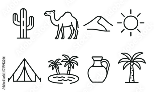 Desert icons set featuring camel, tent, cactus, palms, oasis, sun, mountain, and jug