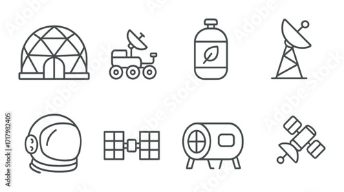 Space exploration icons: rover, astronaut helmet, satellite, dome, spacecraft, communication