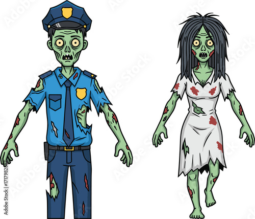 PrintCartoon illustration of scary zombie policeman and creepy female zombie character with torn clothes, green skin, horror Halloween undead monster design
