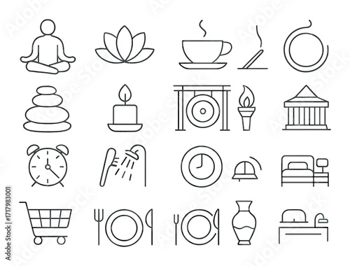 Minimalist wellness and lifestyle icon set with meditation and dining symbols