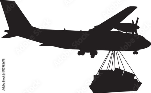 Black silhouette of a cargo plane carrying a ship on a white background airplane transport
