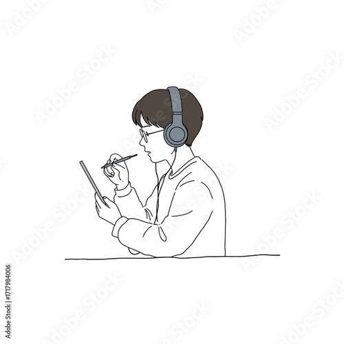 Young person wearing headphones while drawing on digital tablet  